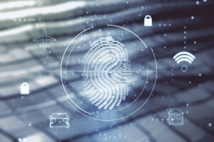 Multi exposure of virtual creative fingerprint hologram on blurry metal background, personal biometric data concept Fingerprinting Locations San Francisco, CA